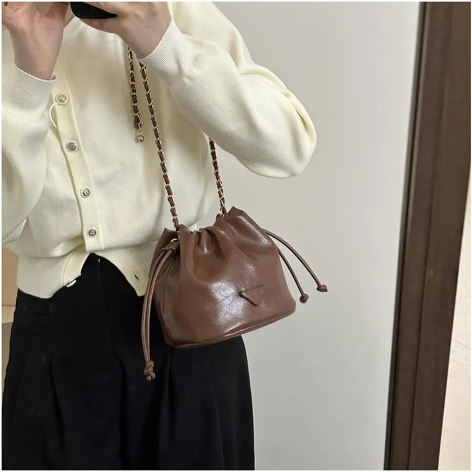 Small Leather Drawstring Bucket Bag for Women Casual Hobo Satchel Crossbody Bucket Handbag Drawstring Purse with Strap