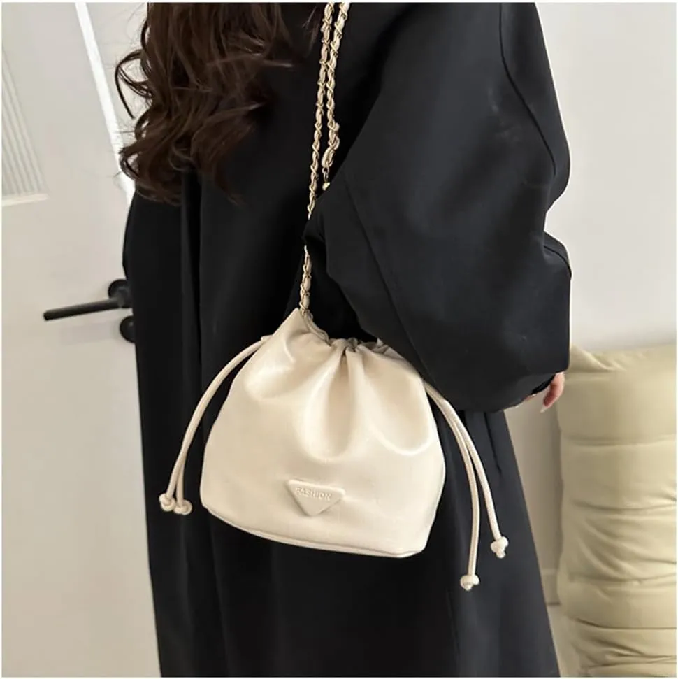 Small Leather Drawstring Bucket Bag for Women Casual Hobo Satchel Crossbody Bucket Handbag Drawstring Purse with Strap
