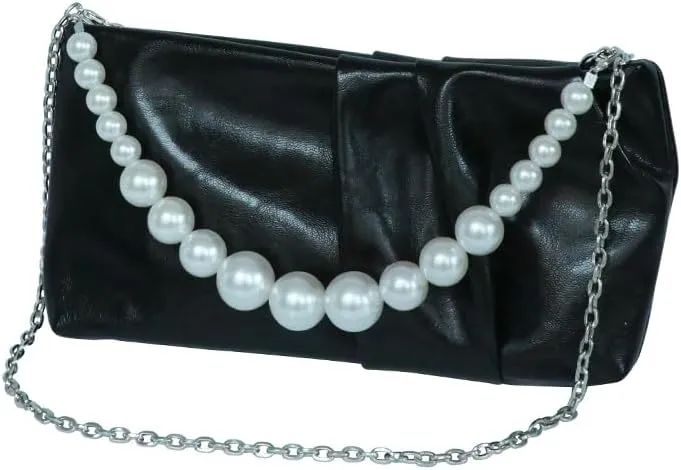 Soft Elegant Vegan Leather Clutch Purse for Women Formal Small PU Pleated Evening Handbag with Pearl Chain