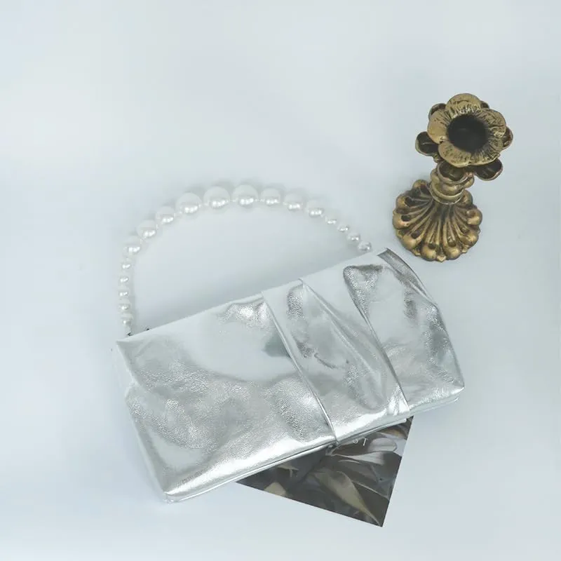 Soft Elegant Vegan Leather Clutch Purse for Women Formal Small PU Pleated Evening Handbag with Pearl Chain