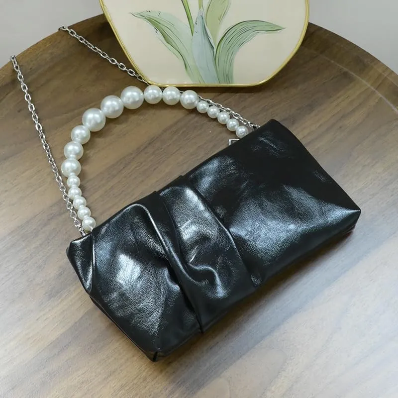 Soft Elegant Vegan Leather Clutch Purse for Women Formal Small PU Pleated Evening Handbag with Pearl Chain