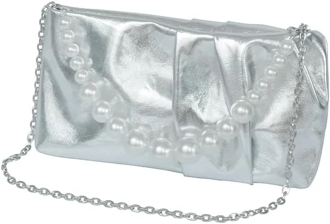 Soft Elegant Vegan Leather Clutch Purse for Women Formal Small PU Pleated Evening Handbag with Pearl Chain