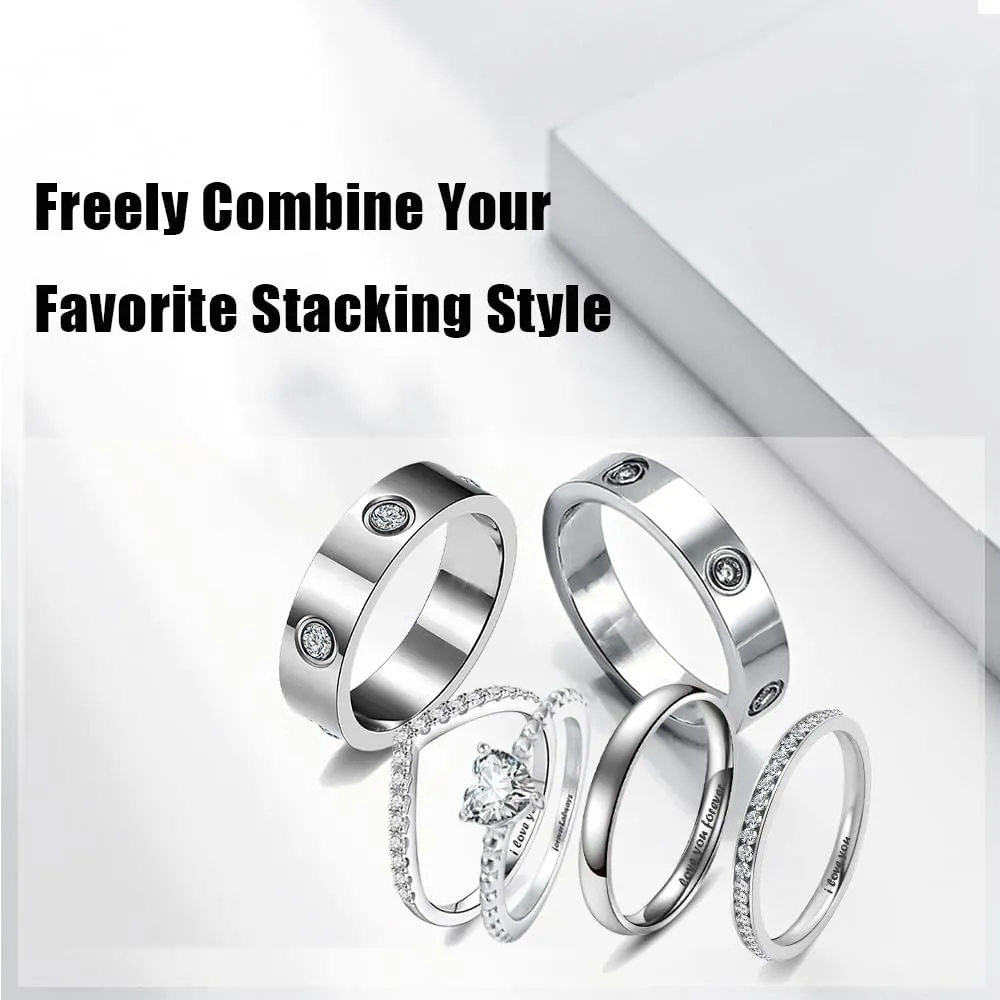 Stacking Rings Jewelry Trendy Eternity Band Rings for Women Silver Cubic Zirconia Rings Wedding Band Stack Set Custom Engraved Stackable Engagement Promise Ring Anniversary Band