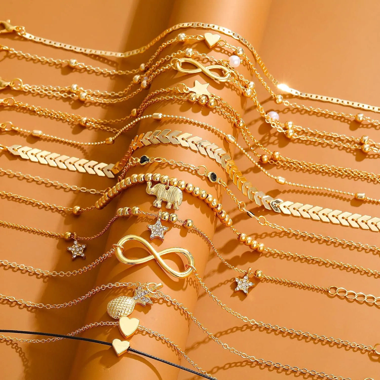 Starain 12pcs Women's Charm Anklet Set Gold Multilayer Adjustable Ankle Bracelets Boho Beach Foot Anklet for Women