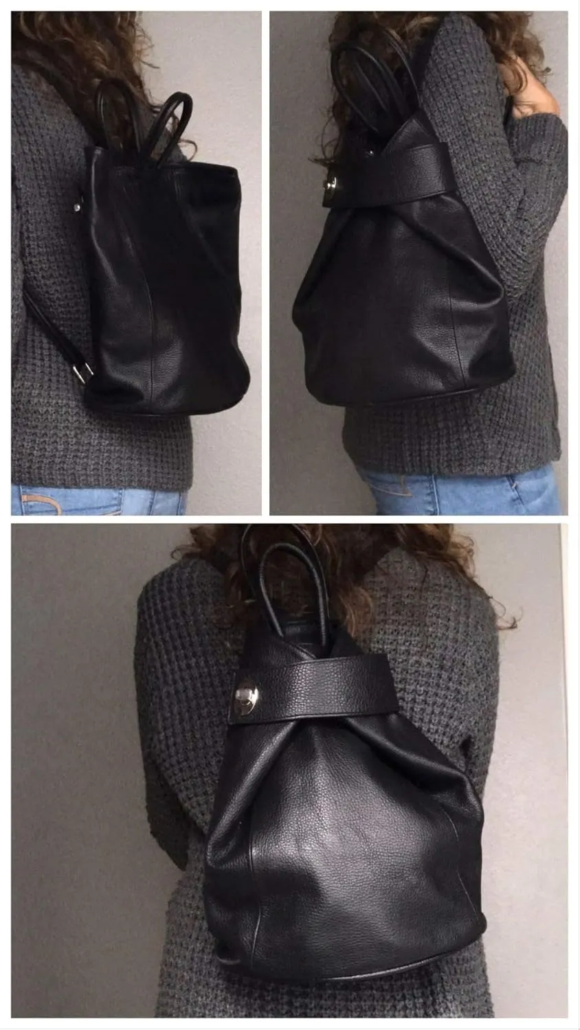 Stella Convertible Leather Backpack Purse  Casual Travel Tote Bag (Black)