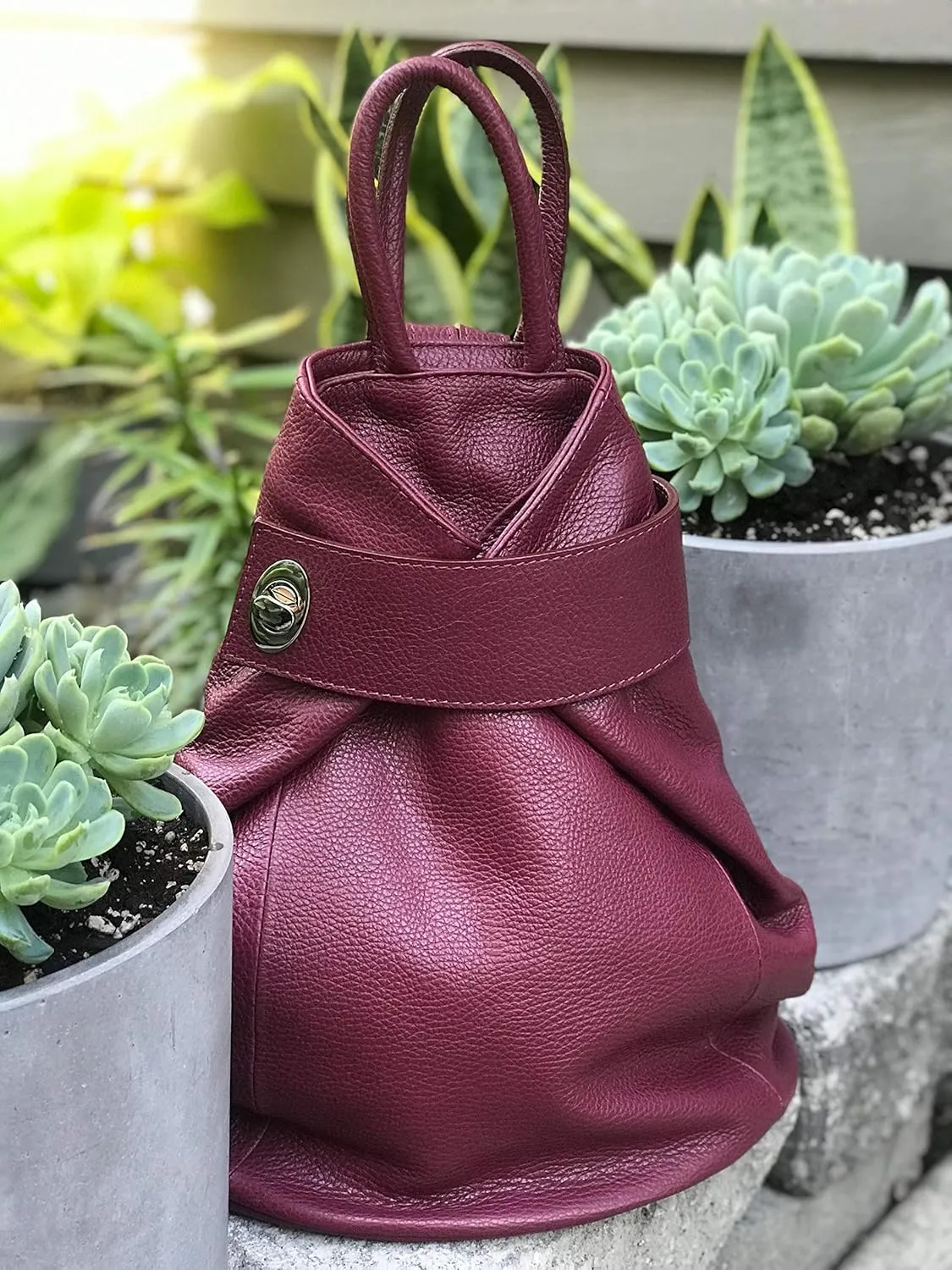 Stella Convertible Leather Backpack Purse  Casual Travel Tote Bag Burgundy Wine