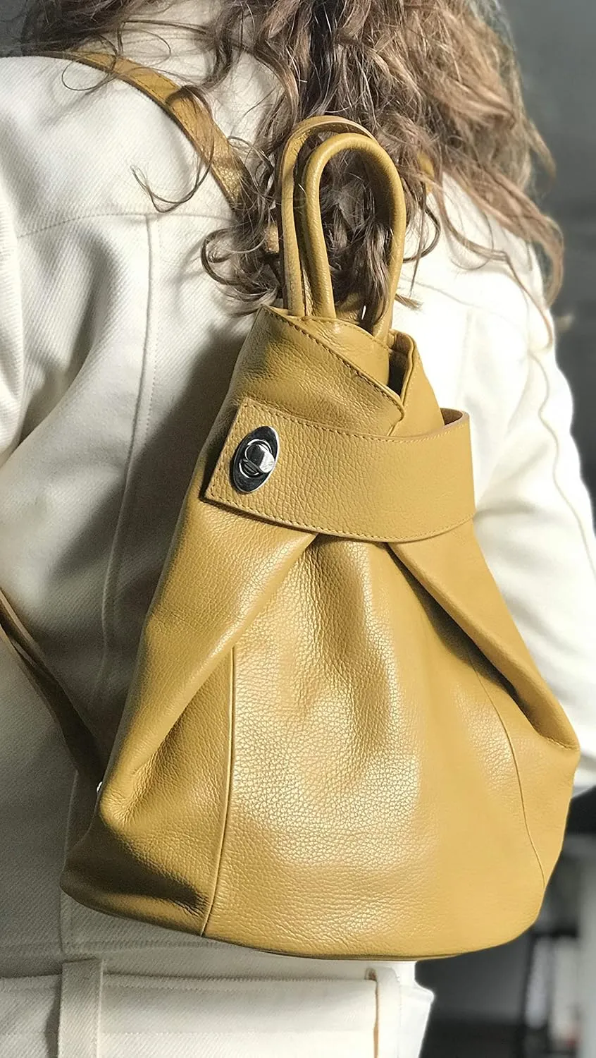Stella Convertible Leather Backpack Purse  Casual Travel Tote Bag Dark Mustard Yellow