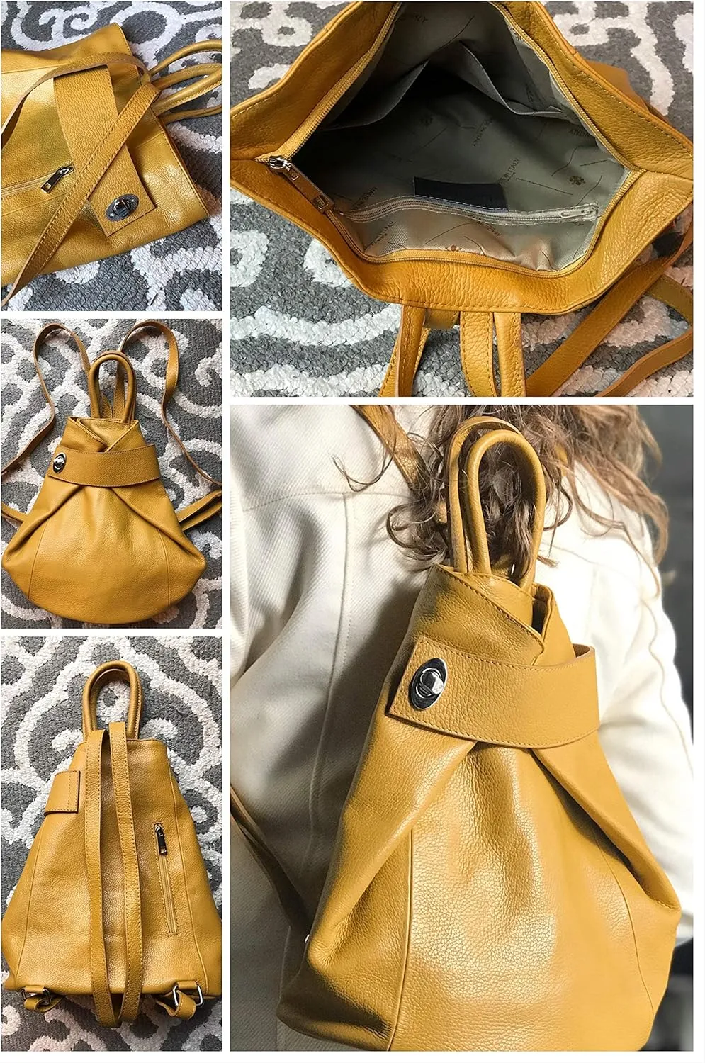 Stella Convertible Leather Backpack Purse  Casual Travel Tote Bag Dark Mustard Yellow
