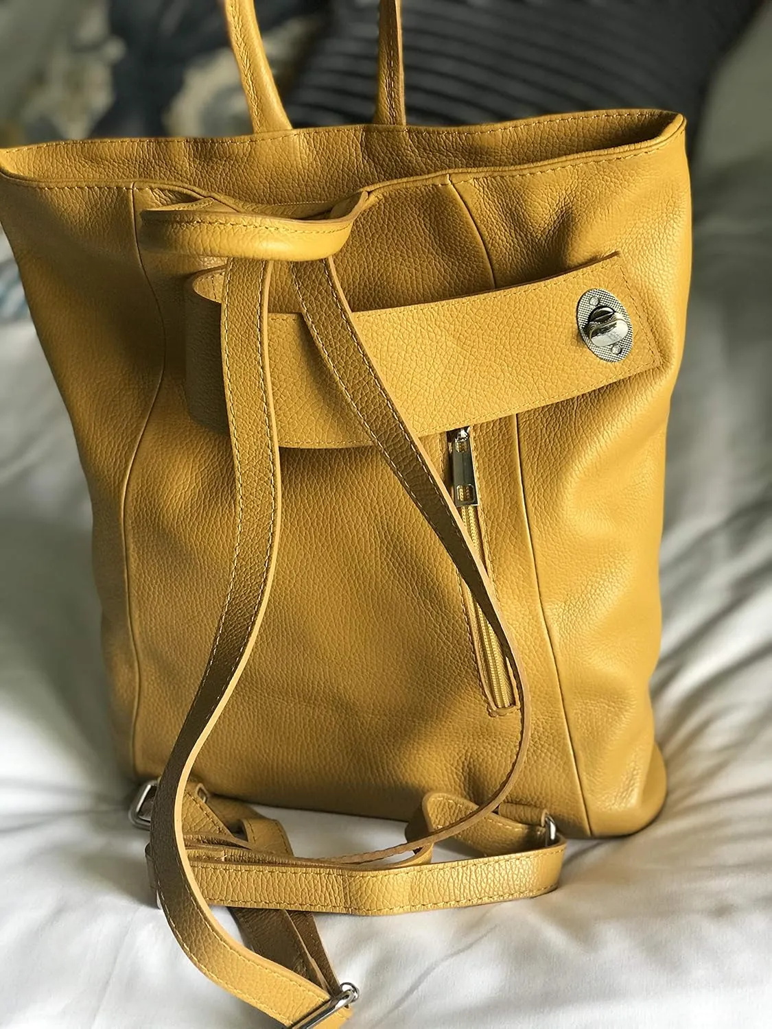 Stella Convertible Leather Backpack Purse  Casual Travel Tote Bag Dark Mustard Yellow