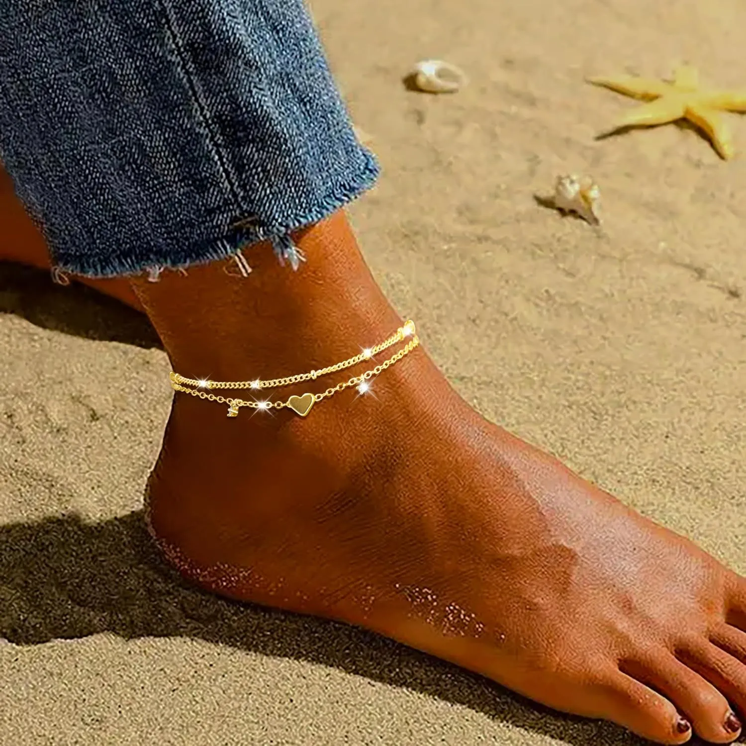 Sterling Silver Anklet Bracelets for Women Waterproof, 925 Sliver Plated CZ & Heart Charm Dainty Layer Anklets for Women Trendy, Simple Chain Anklets Set Gifts for Women, Jewelry Gifts for Her Women Mom Wife Girlfriend