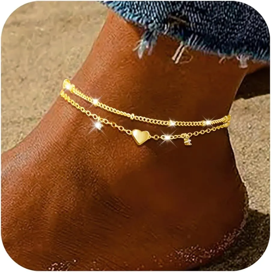 Sterling Silver Anklet Bracelets for Women Waterproof, 925 Sliver Plated CZ & Heart Charm Dainty Layer Anklets for Women Trendy, Simple Chain Anklets Set Gifts for Women, Jewelry Gifts for Her Women Mom Wife Girlfriend