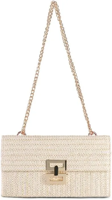 Straw Clutch Purse for Women Evening Purse Envelope Clutch with Detachable Strap Summer Beach Shoulder Crossbody Bag (beige)