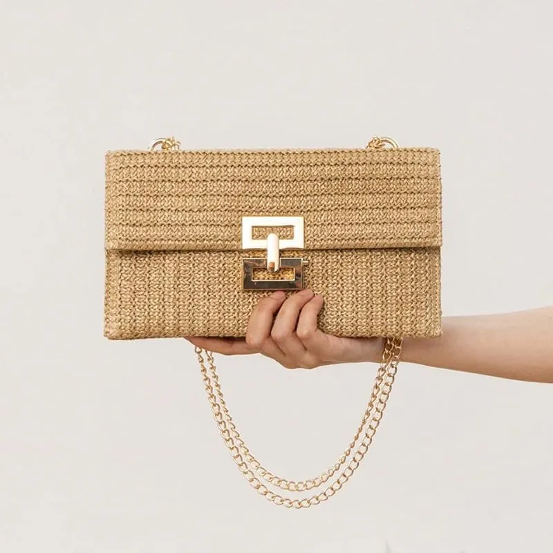 Straw Clutch Purse for Women Evening Purse Envelope Clutch with Detachable Strap Summer Beach Shoulder Crossbody Bag (Chain-color Khaki)