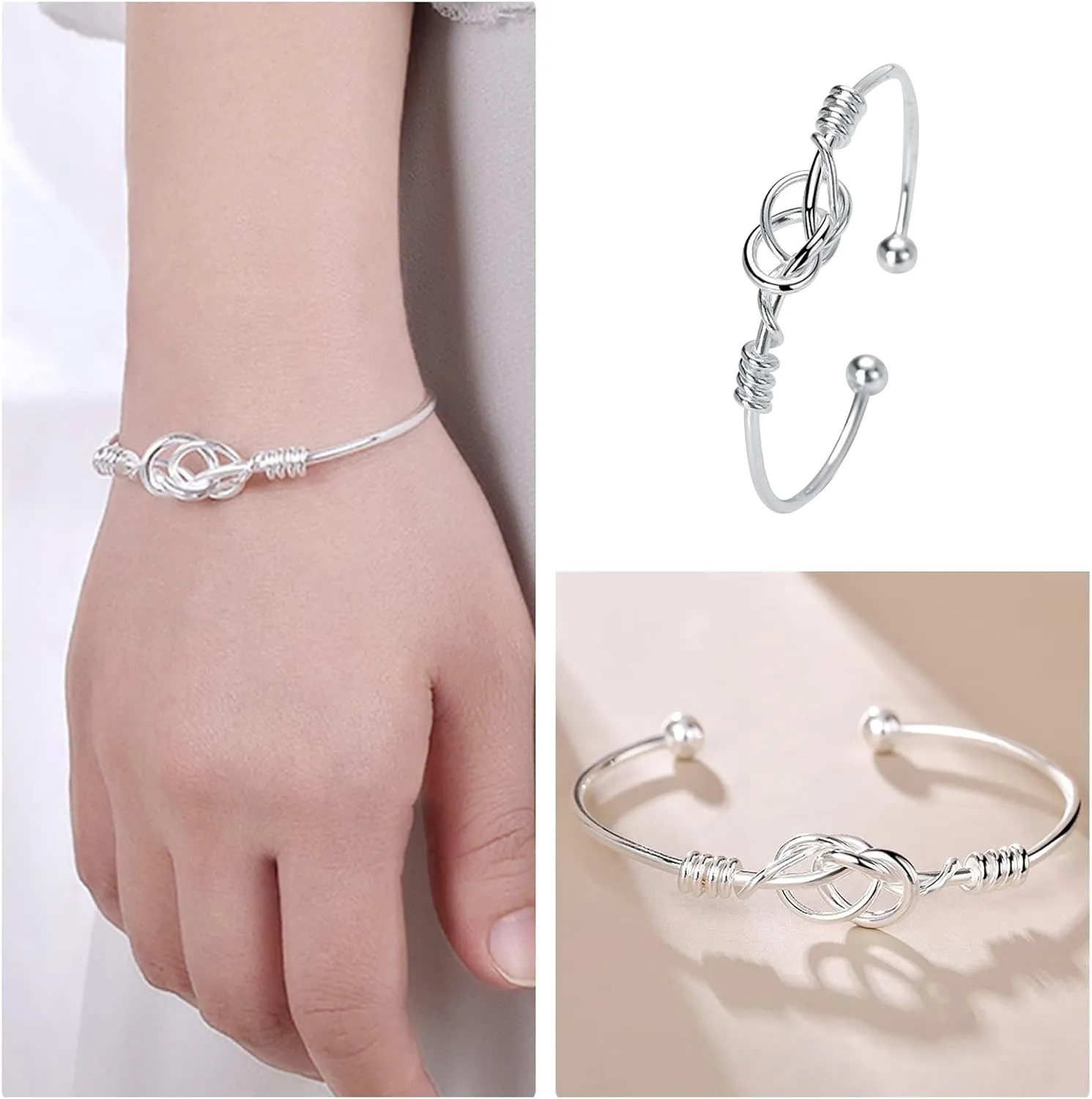 Stylish Pure 925 Sterling Silver Bangle Bracelets Simple Elegant Adjustable Charm Bracelets Unique Design Birthday Gifts for Women Friendship
