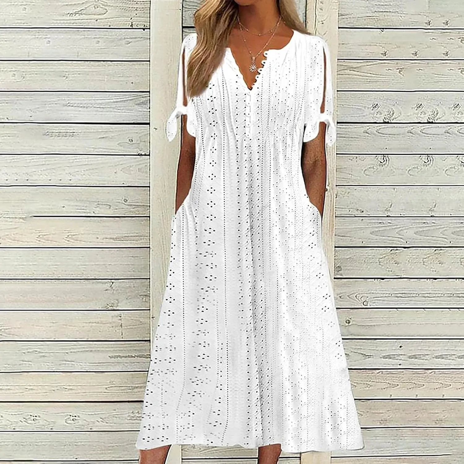 Summer Dresses for Women 2024 Casual V Neck Eyelet Boho Maxi Dresses Trendy Short Sleeve Beach Vacation Outfits with Pocket