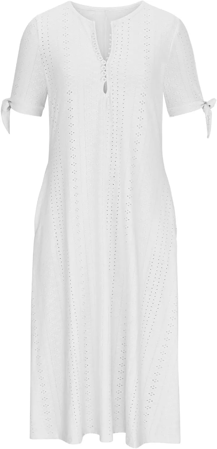 Summer Dresses for Women 2024 Casual V Neck Eyelet Boho Maxi Dresses Trendy Short Sleeve Beach Vacation Outfits with Pocket