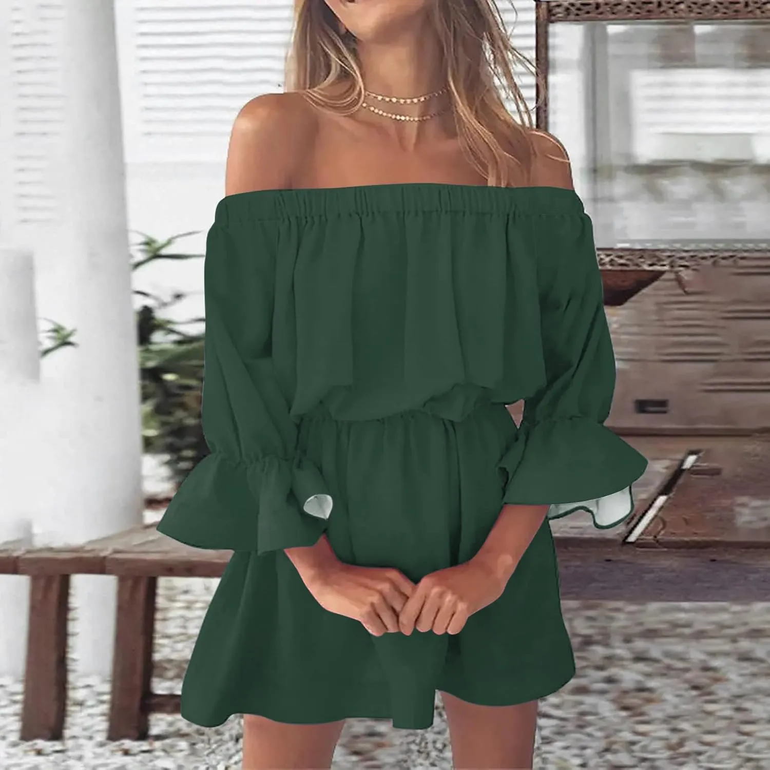 Summer Dresses for Women 2024 Off The Shoulder Ruffle Mini Dress Elastic Waist Long Sleeve Swing Boho Sun Dress