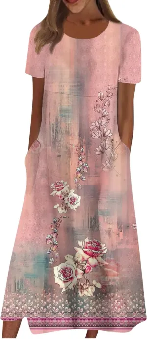 Summer Dresses for Women 2024 Round Neck Prinedt Basic Dresses Plus Size Flowy Short Sleeve Dress with Pockets