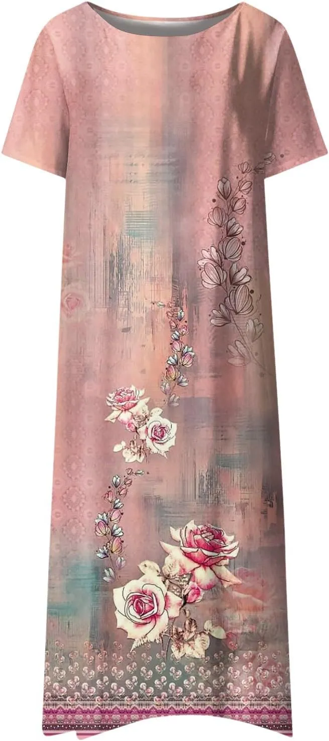 Summer Dresses for Women 2024 Round Neck Prinedt Basic Dresses Plus Size Flowy Short Sleeve Dress with Pockets