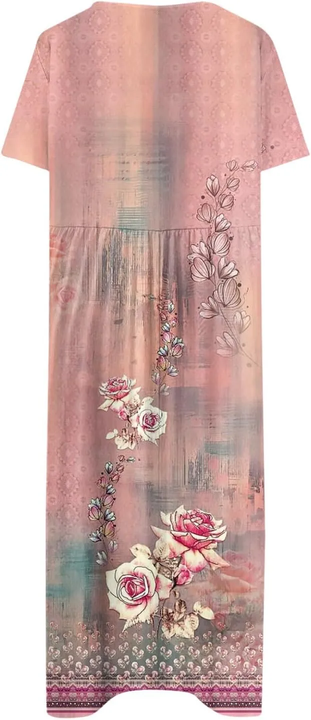 Summer Dresses for Women 2024 Round Neck Prinedt Basic Dresses Plus Size Flowy Short Sleeve Dress with Pockets