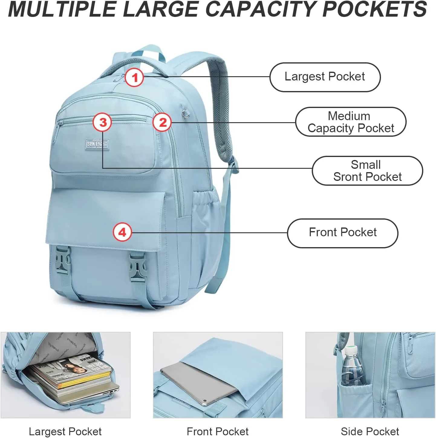 SUN EIGHT 35L Waterproof School Backpack for College, Kids Backpack Lightweight Large Capacity Travel Bag with Multi Pockets(Blue)