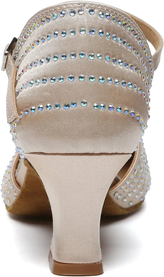 SWDZM Ballroom Dance Shoes Rhinestone Closed Toe Salsa Waltz Charater Dancing Heels