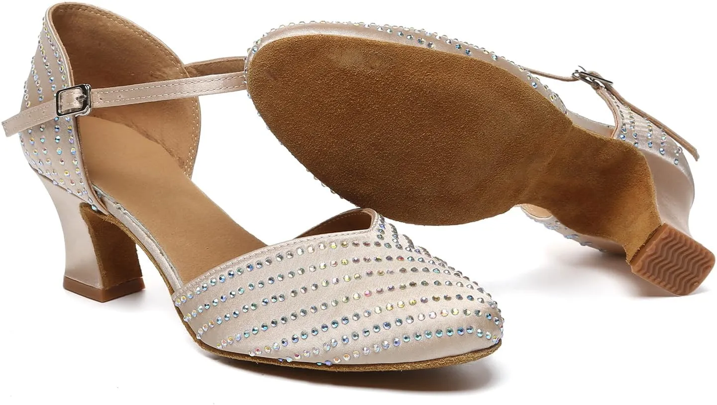 SWDZM Ballroom Dance Shoes Rhinestone Closed Toe Salsa Waltz Charater Dancing Heels