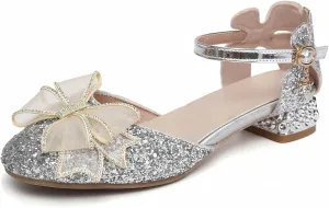 SWDZM Girls Sequins Ballroom Dance Shoes Pumps Glitter Princess Party Dress Shoes with Mesh Bow