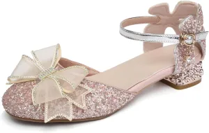 SWDZM Girls Sequins Ballroom Dance Shoes Pumps Glitter Princess Party Dress Shoes with Mesh Bow