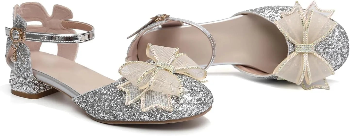 SWDZM Girls Sequins Ballroom Dance Shoes Pumps Glitter Princess Party Dress Shoes with Mesh Bow