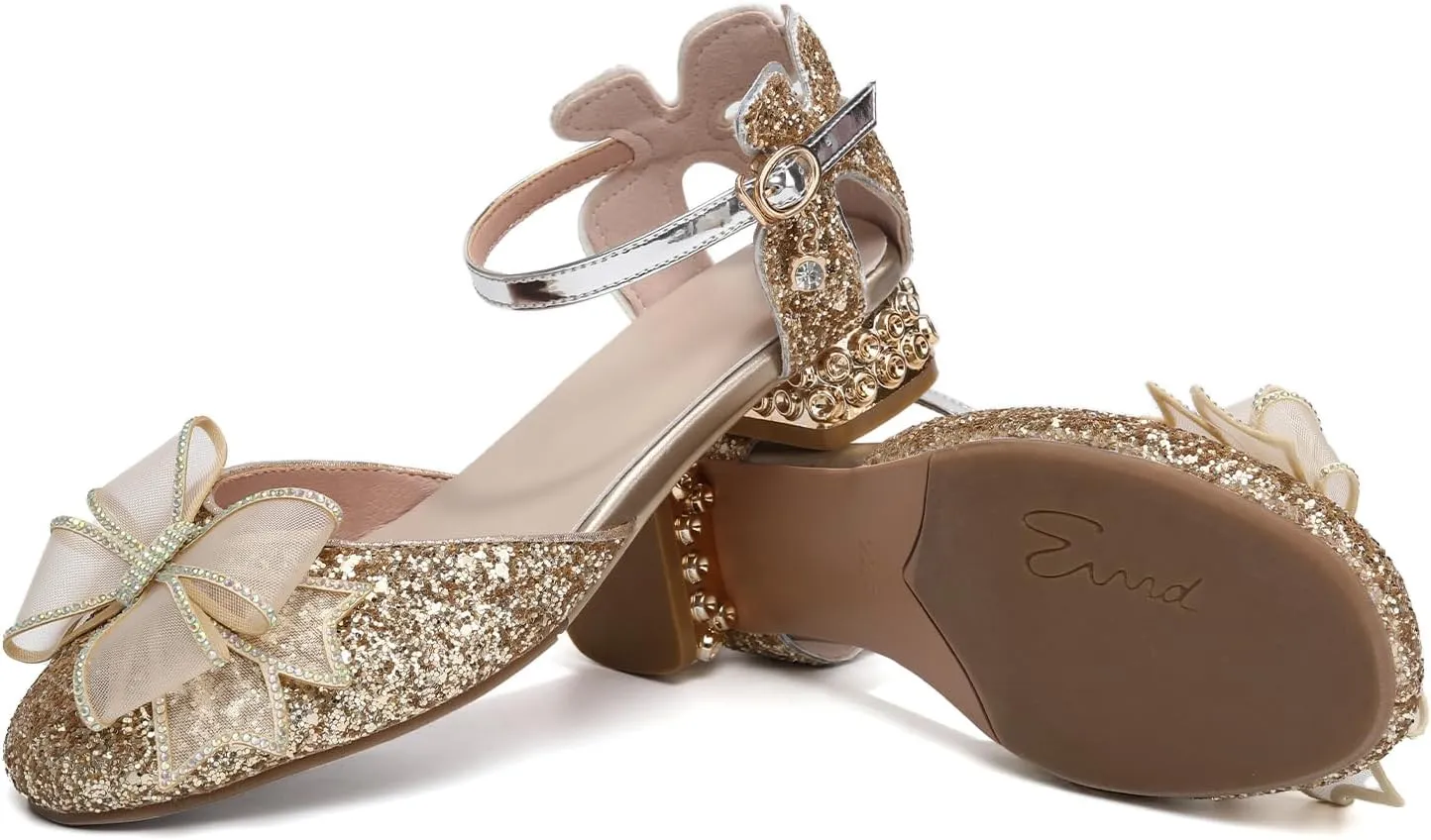 SWDZM Girls Sequins Ballroom Dance Shoes Pumps Glitter Princess Party Dress Shoes with Mesh Bow