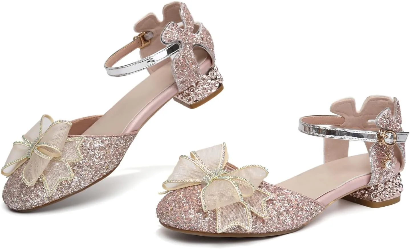 SWDZM Girls Sequins Ballroom Dance Shoes Pumps Glitter Princess Party Dress Shoes with Mesh Bow