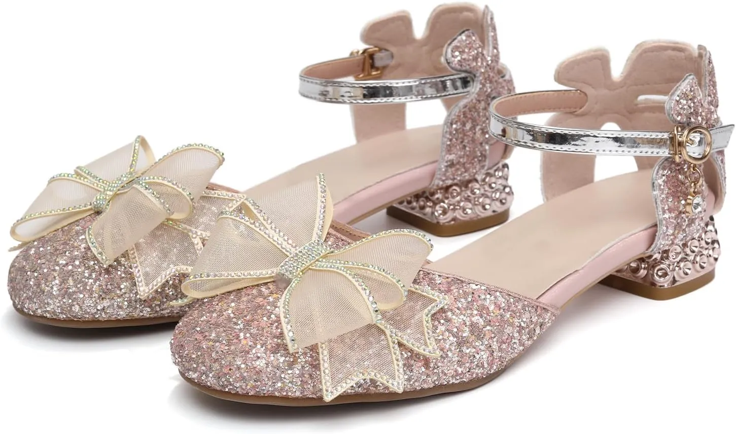 SWDZM Girls Sequins Ballroom Dance Shoes Pumps Glitter Princess Party Dress Shoes with Mesh Bow