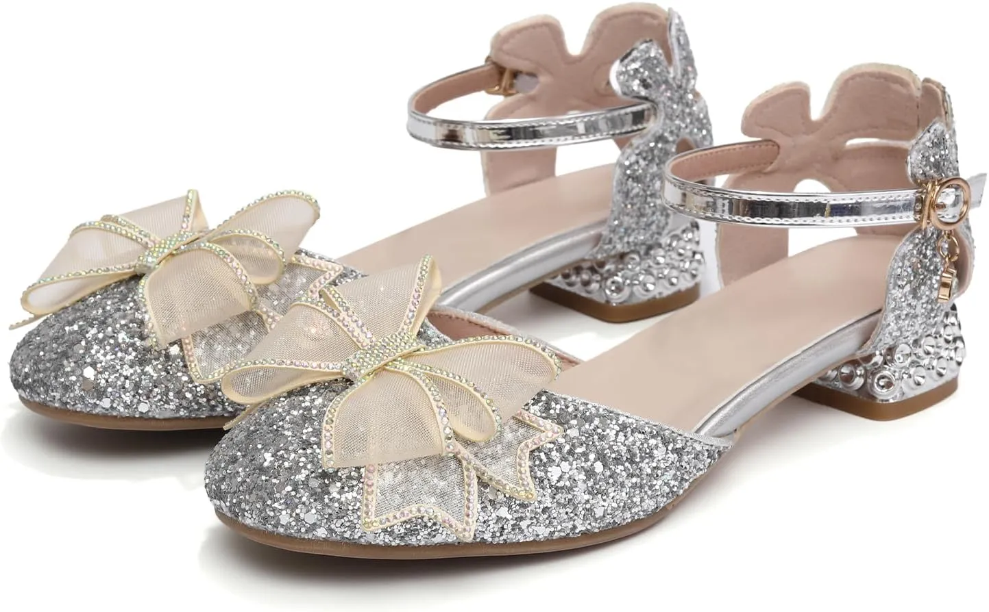 SWDZM Girls Sequins Ballroom Dance Shoes Pumps Glitter Princess Party Dress Shoes with Mesh Bow