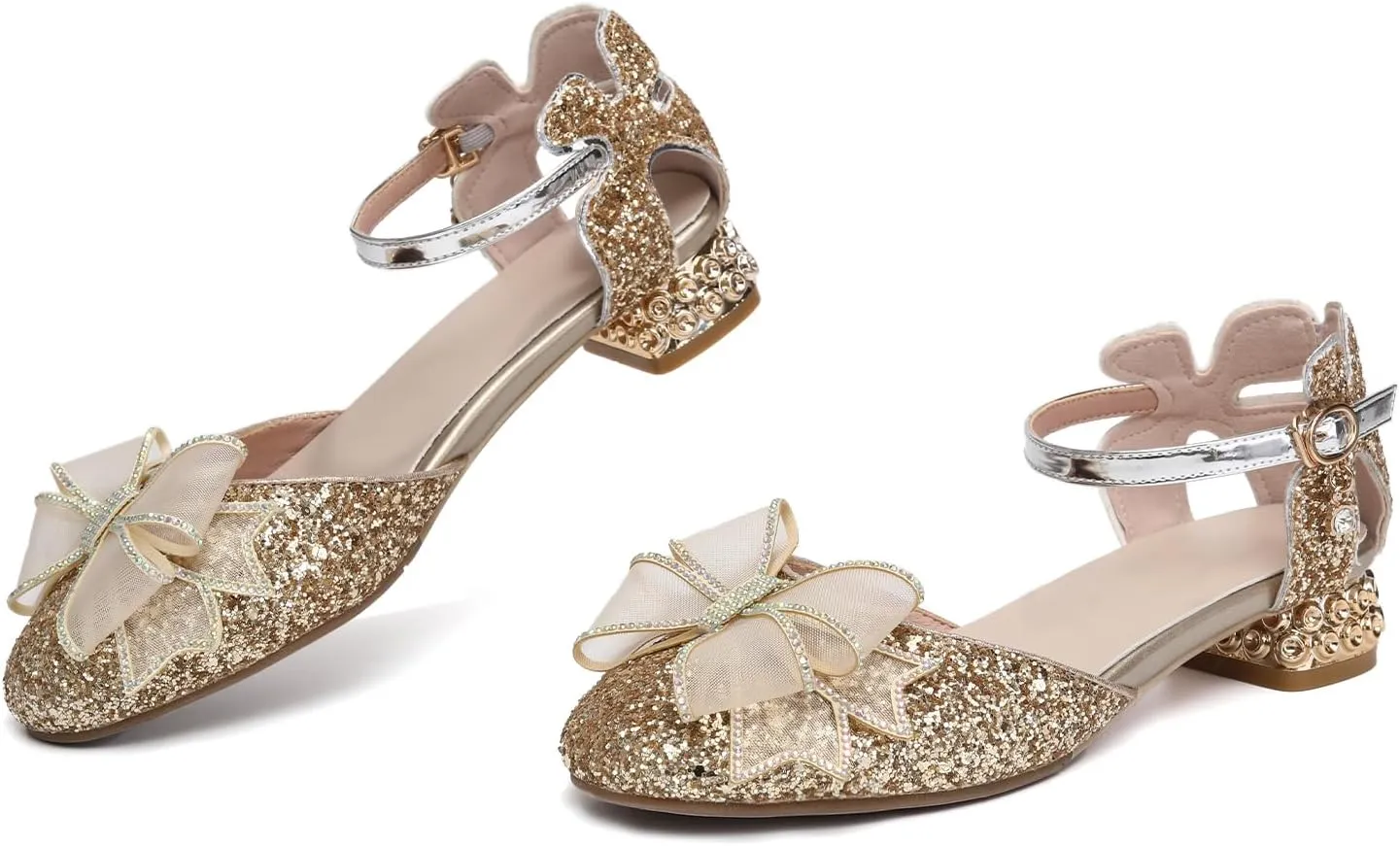 SWDZM Girls Sequins Ballroom Dance Shoes Pumps Glitter Princess Party Dress Shoes with Mesh Bow