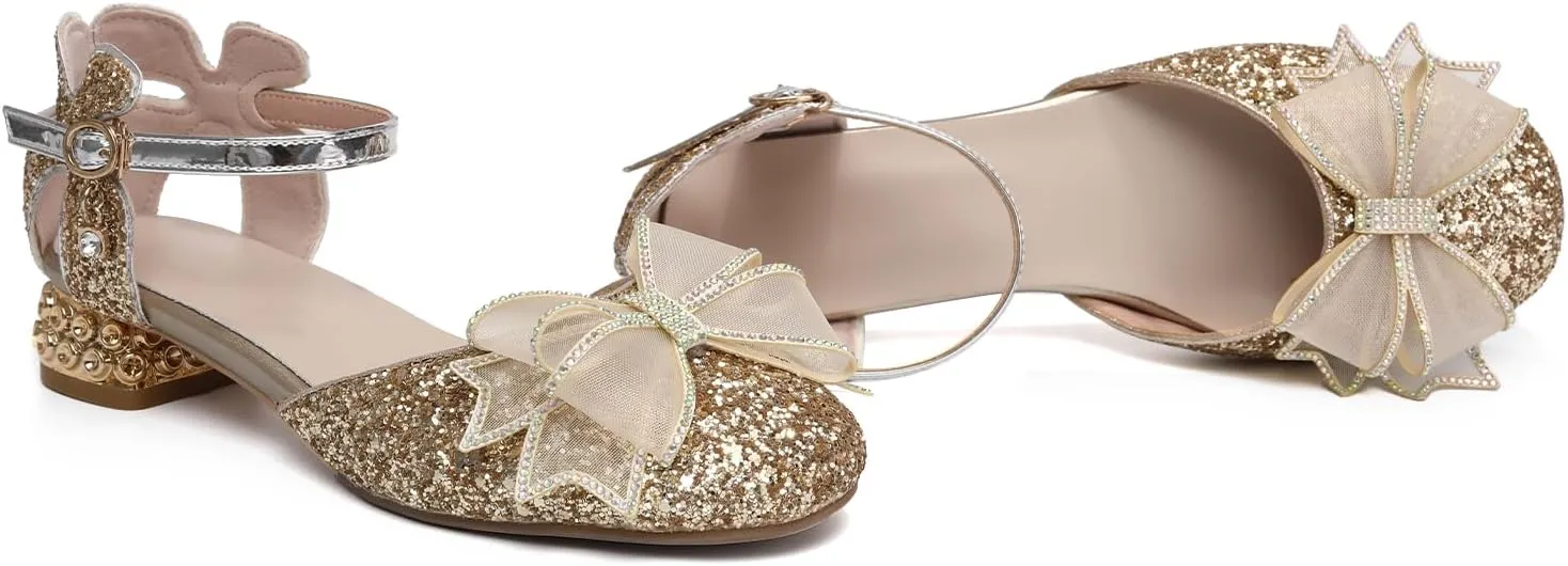 SWDZM Girls Sequins Ballroom Dance Shoes Pumps Glitter Princess Party Dress Shoes with Mesh Bow