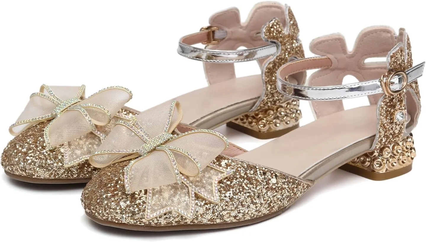 SWDZM Girls Sequins Ballroom Dance Shoes Pumps Glitter Princess Party Dress Shoes with Mesh Bow