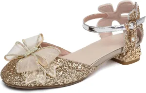 SWDZM Girls Sequins Ballroom Dance Shoes Pumps Glitter Princess Party Dress Shoes with Mesh Bow