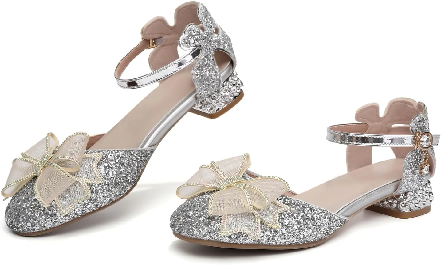 SWDZM Girls Sequins Ballroom Dance Shoes Pumps Glitter Princess Party Dress Shoes with Mesh Bow
