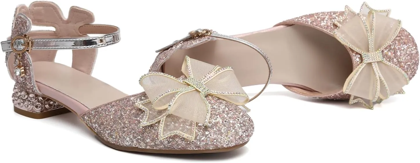 SWDZM Girls Sequins Ballroom Dance Shoes Pumps Glitter Princess Party Dress Shoes with Mesh Bow