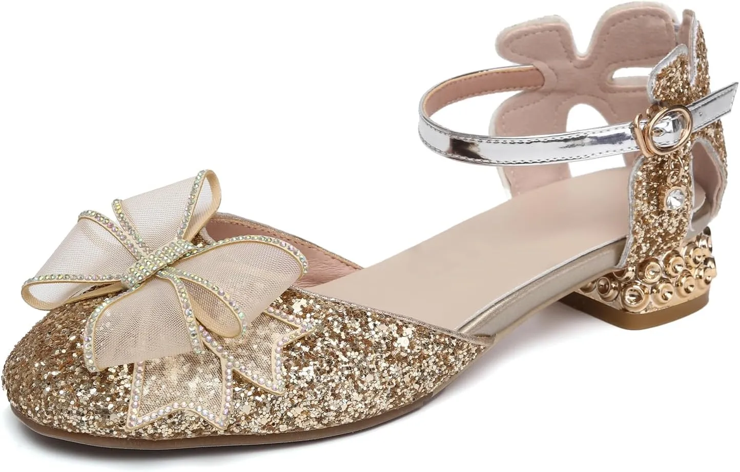 SWDZM Girls Sequins Ballroom Dance Shoes Pumps Glitter Princess Party Dress Shoes with Mesh Bow