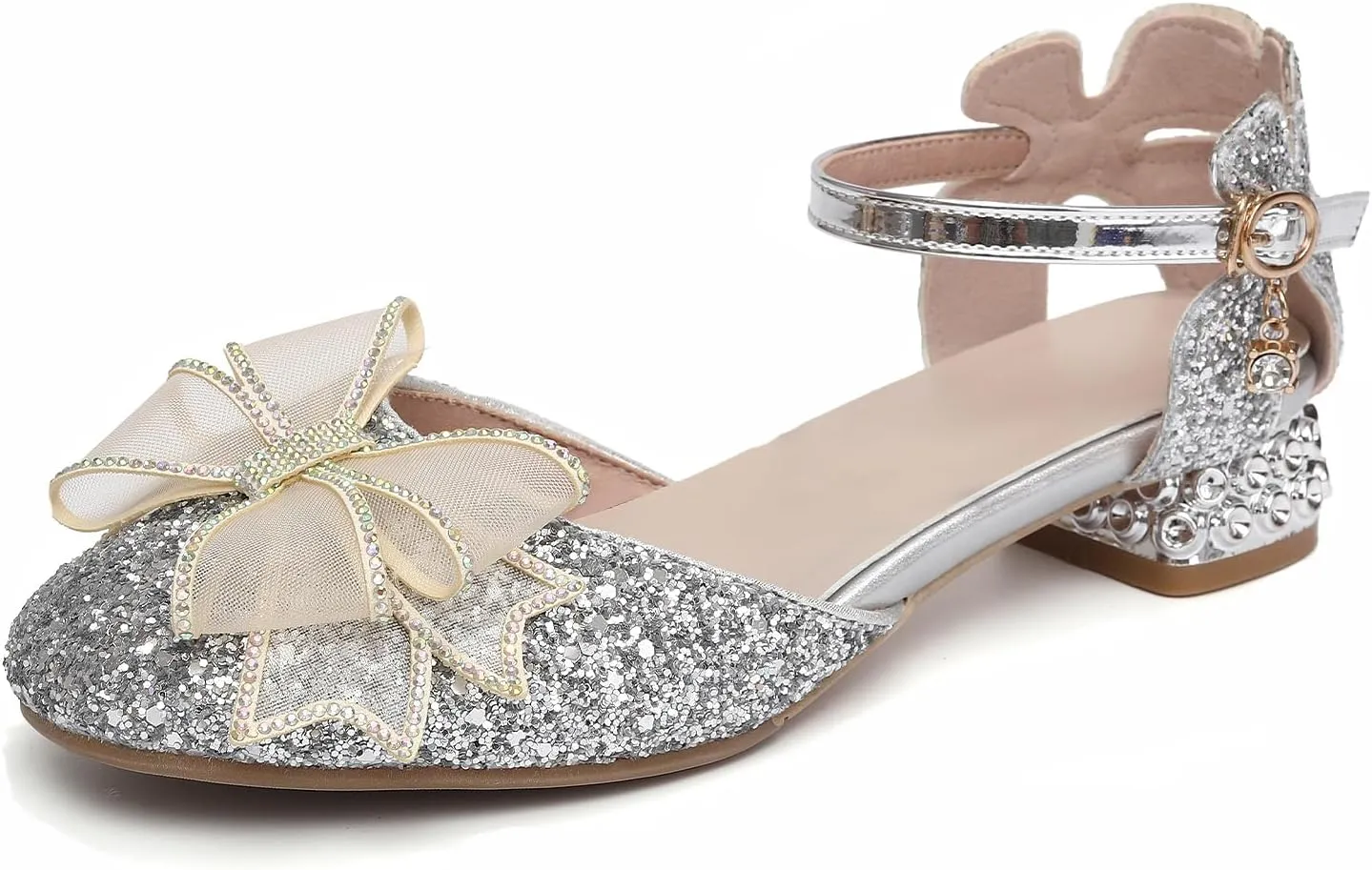 SWDZM Girls Sequins Ballroom Dance Shoes Pumps Glitter Princess Party Dress Shoes with Mesh Bow