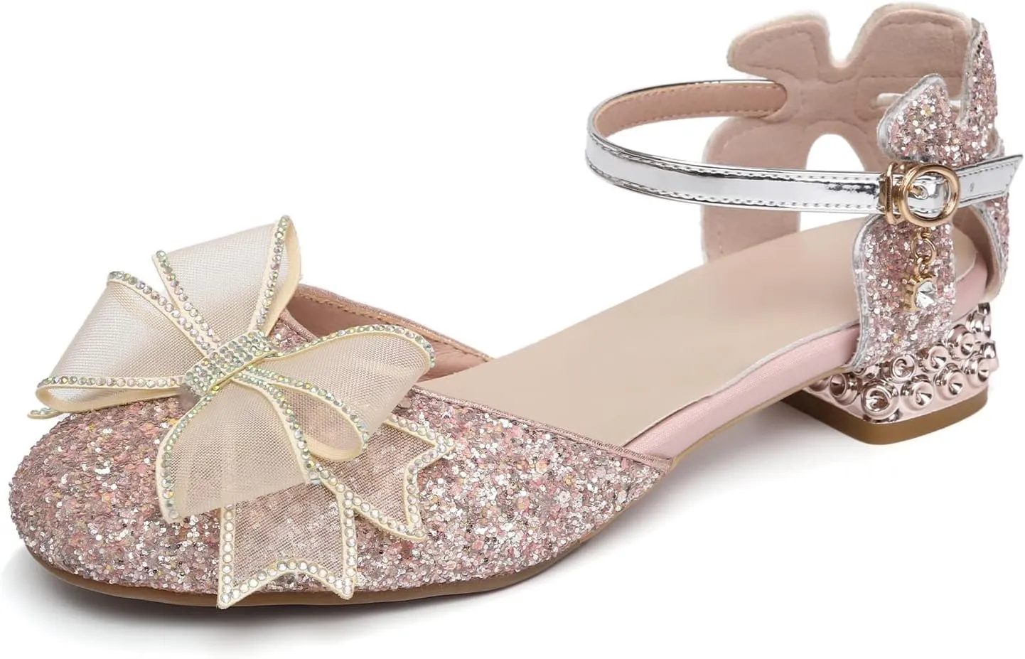 SWDZM Girls Sequins Ballroom Dance Shoes Pumps Glitter Princess Party Dress Shoes with Mesh Bow