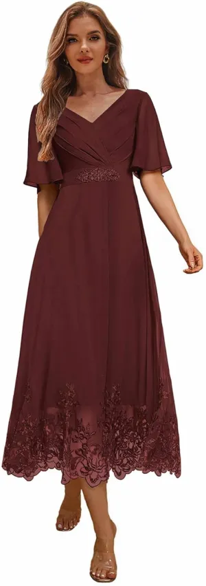 Tea Length Mother of The Bride Dresses for Wedding Lace Beaded Formal Evening Dress with Sleeves