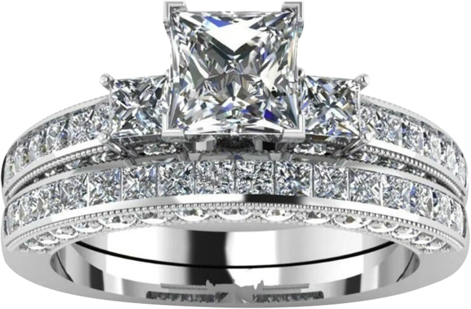 Three Stone Princess Cut Zirconia Engagement Rings for Women Silver Wedding Anniversary Promise Ring Bridal Set
