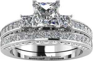 Three Stone Princess Cut Zirconia Engagement Rings for Women Silver Wedding Anniversary Promise Ring Bridal Set