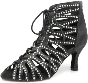 TINRYMX Women Latin Dance Shoes Rhinestones Back Zipper Hollow Cut Ballroom Wedding Party Dance Boots High Heel, YC-L415