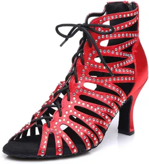 TINRYMX Women Latin Dance Shoes Rhinestones Back Zipper Hollow Cut Ballroom Wedding Party Dance Boots High Heel, YC-L415