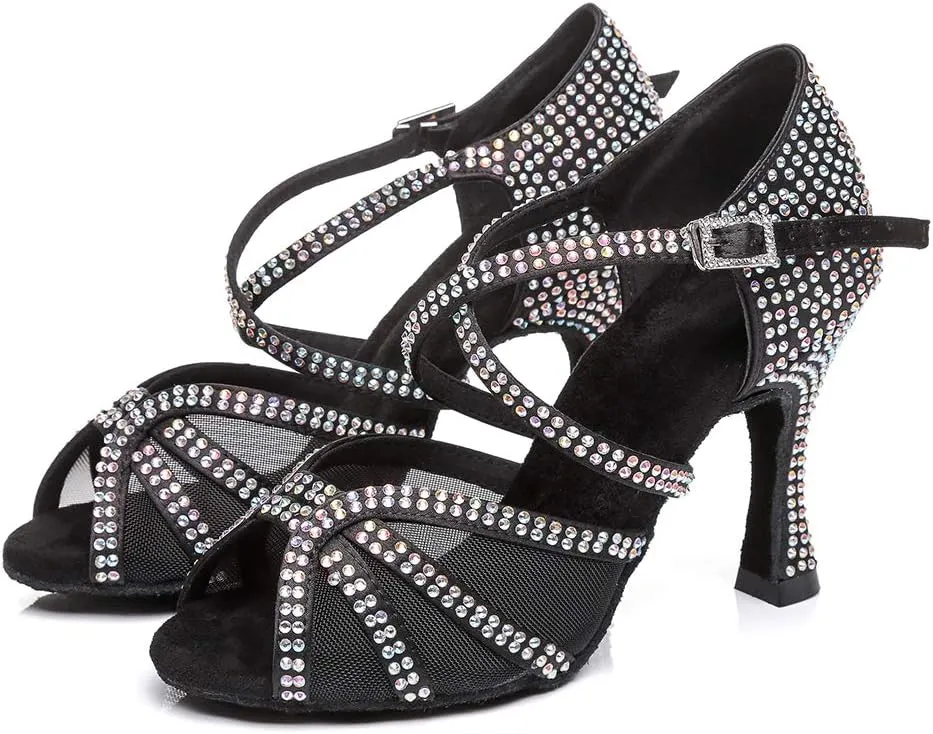 TINRYMX Women's Latin Dance Shoes with Rhinestones Cross-Strap Ballroom Wedding Party Dance Performance Sandals,Model 424