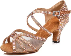 TINRYMX Women's Latin Dance Shoes with Rhinestones Cross-Strap Ballroom Wedding Party Dance Performance Sandals,Model 424